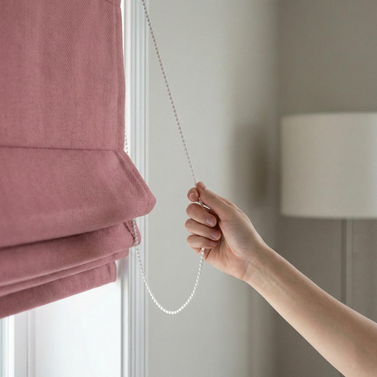 Custom Linen Roman Shade, Dusty Mauve Herringbone, Corded Window Blind — image 7