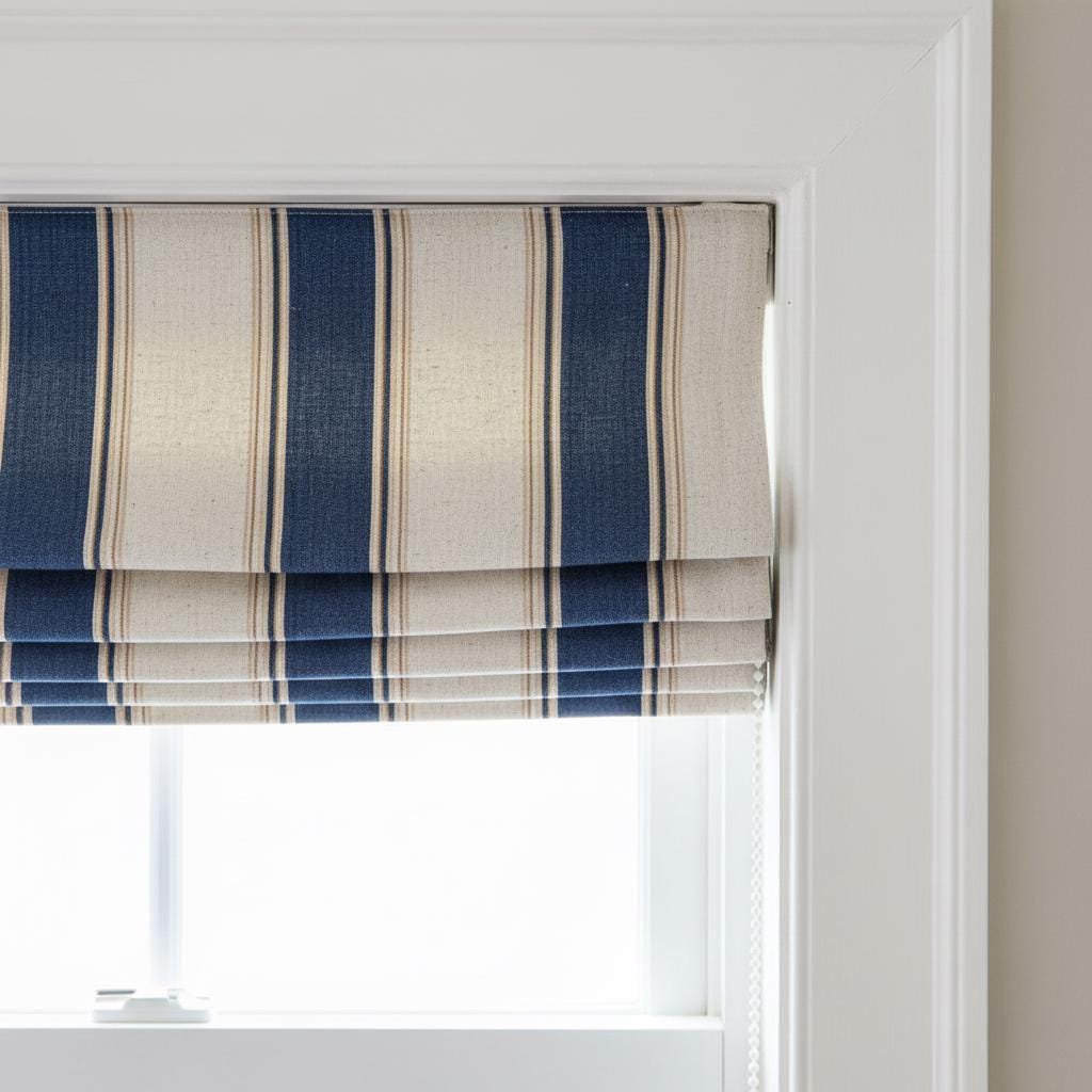 Roman Shade: Navy Farmhouse Stripe Linen (Custom Fit, Light-Filtering or Blackout) — image 7