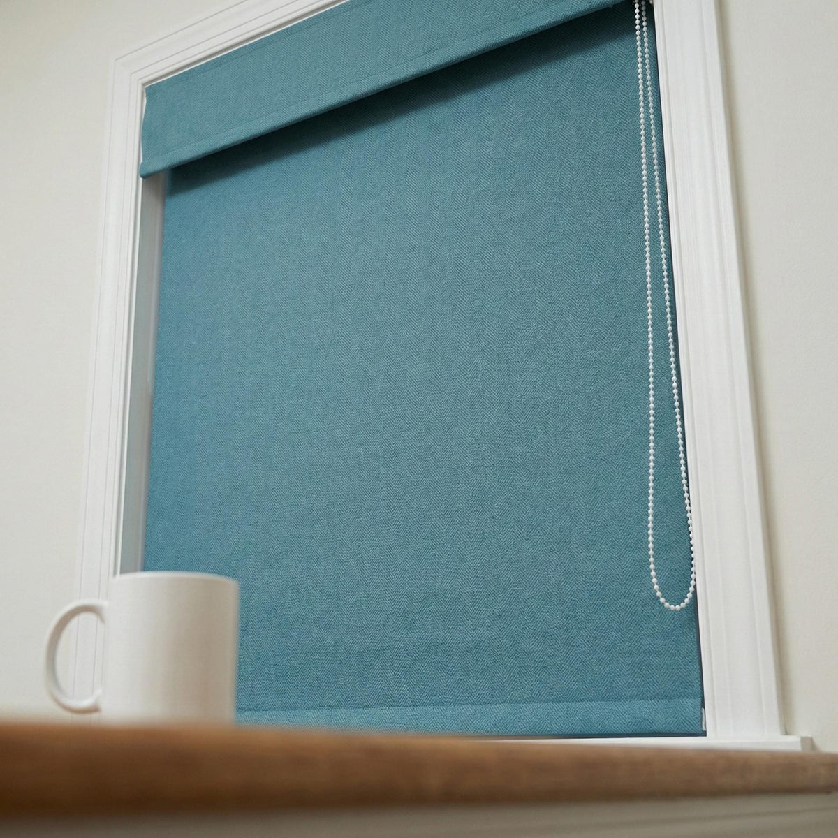 Custom Teal Blue Linen Herringbone Roman Shade, Blackout or Light Filtering — image 8