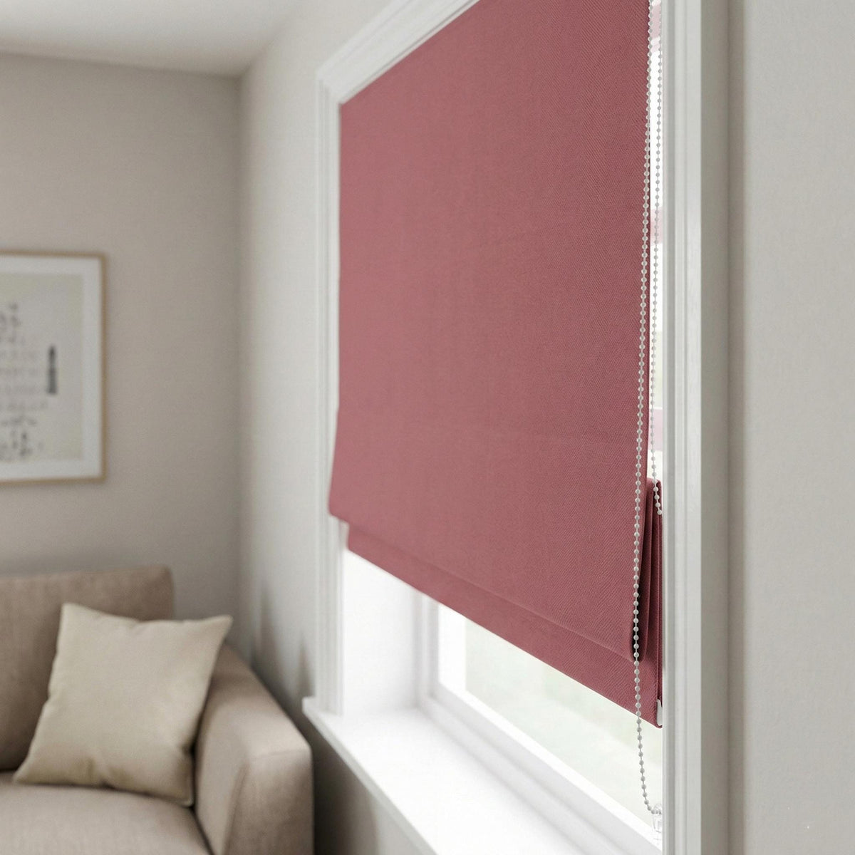 Custom Linen Roman Shade, Dusty Mauve Herringbone, Corded Window Blind — image 8