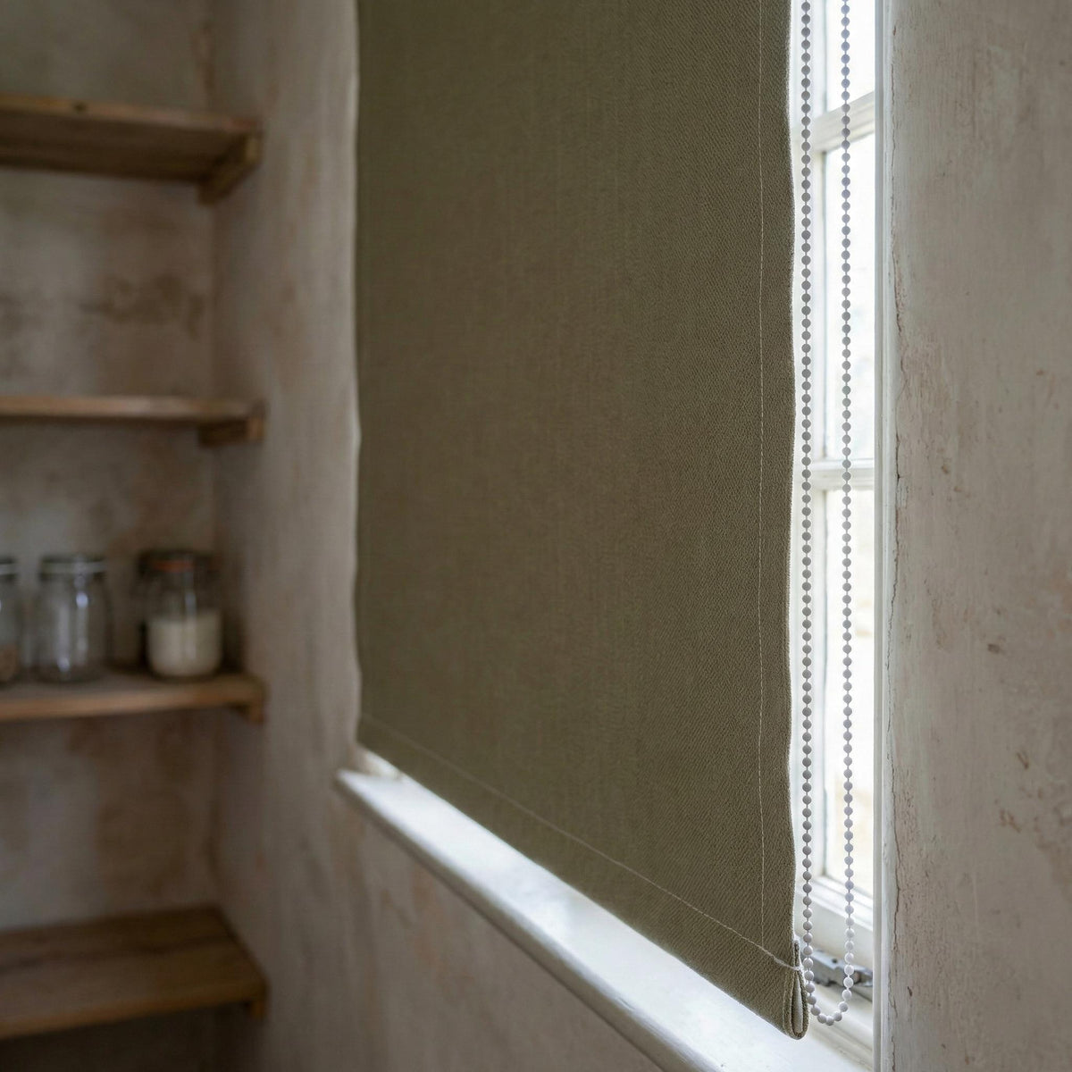 Custom Olive Sage Linen Herringbone Roman Shade, Blackout Option — image 9