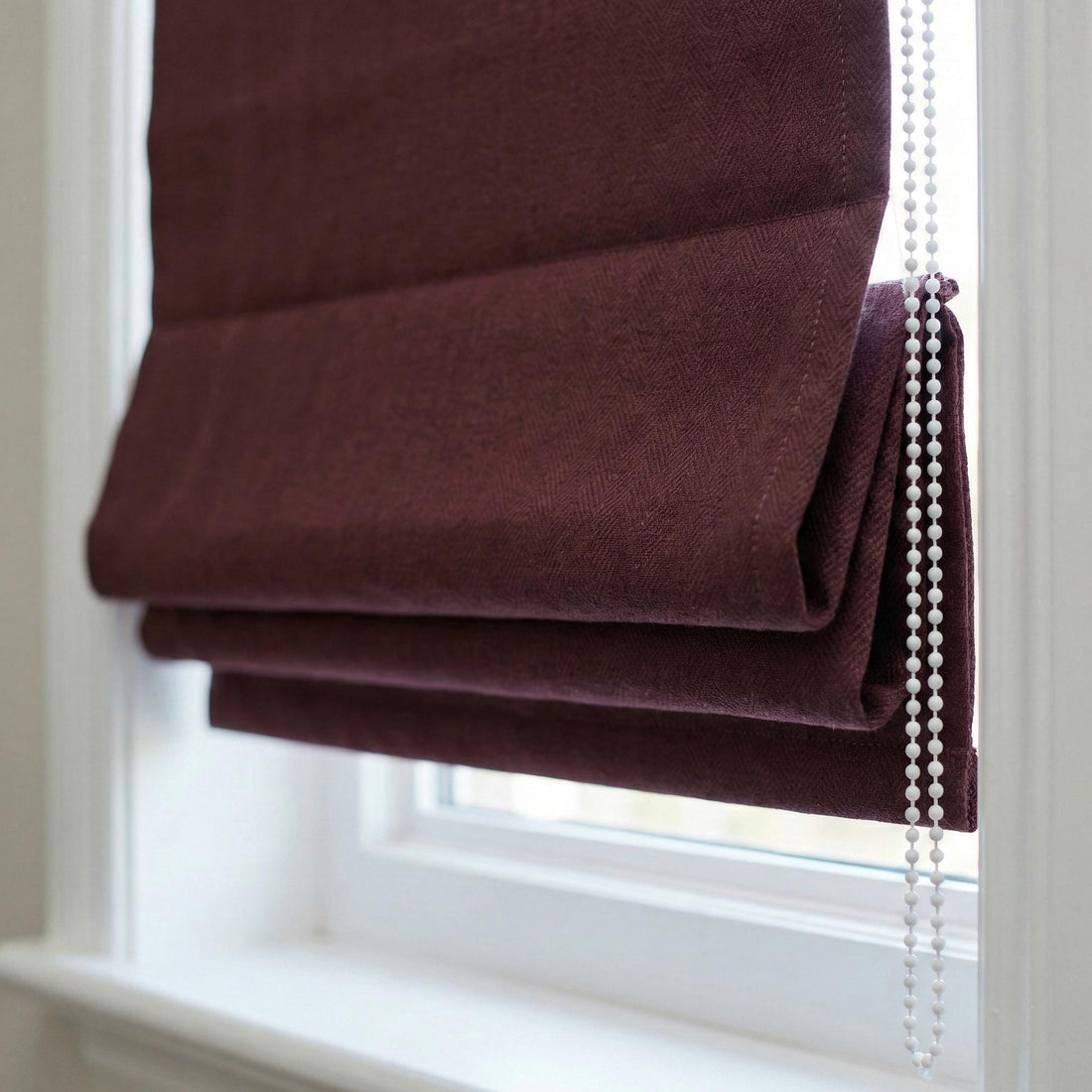 Burgundy Herringbone Linen Roman Shade, Custom Corded Window Blind — image 1