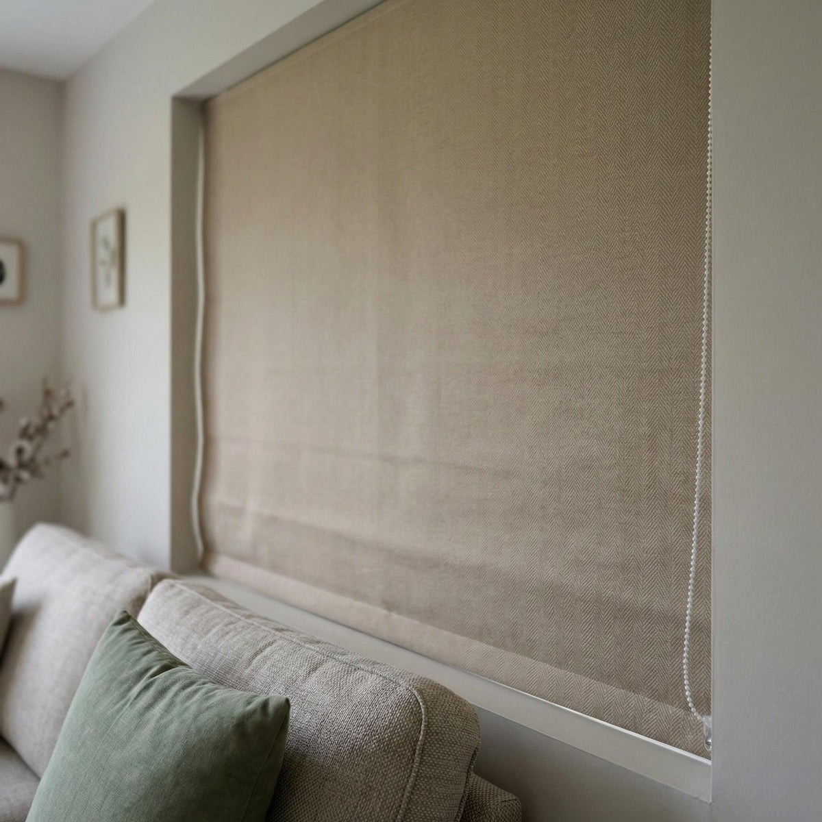 Taupe Herringbone Linen Roman Shade, Custom Corded Window Blind — image 5