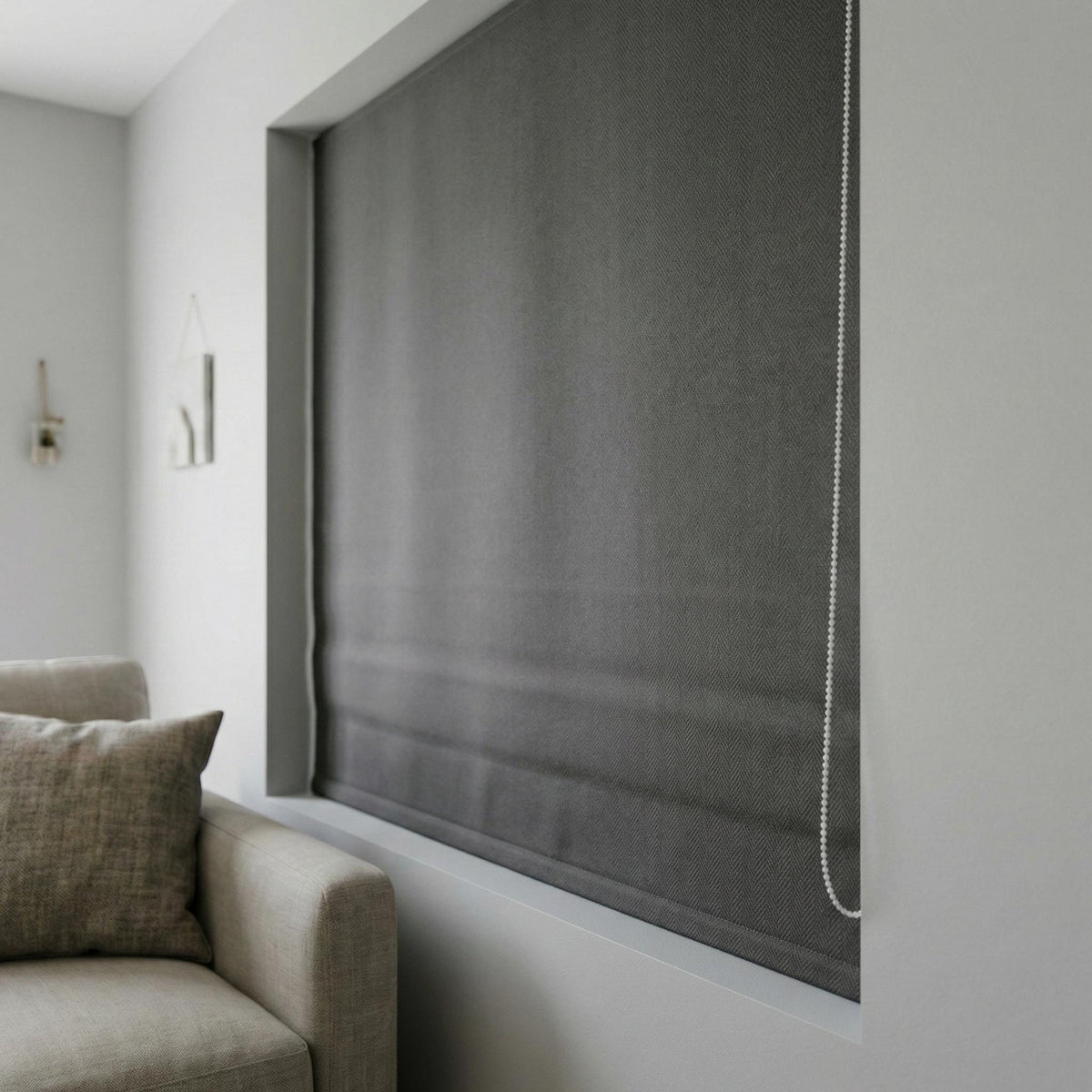 Charcoal Grey Herringbone Linen Roman Shade, Custom Window Blind — image 7