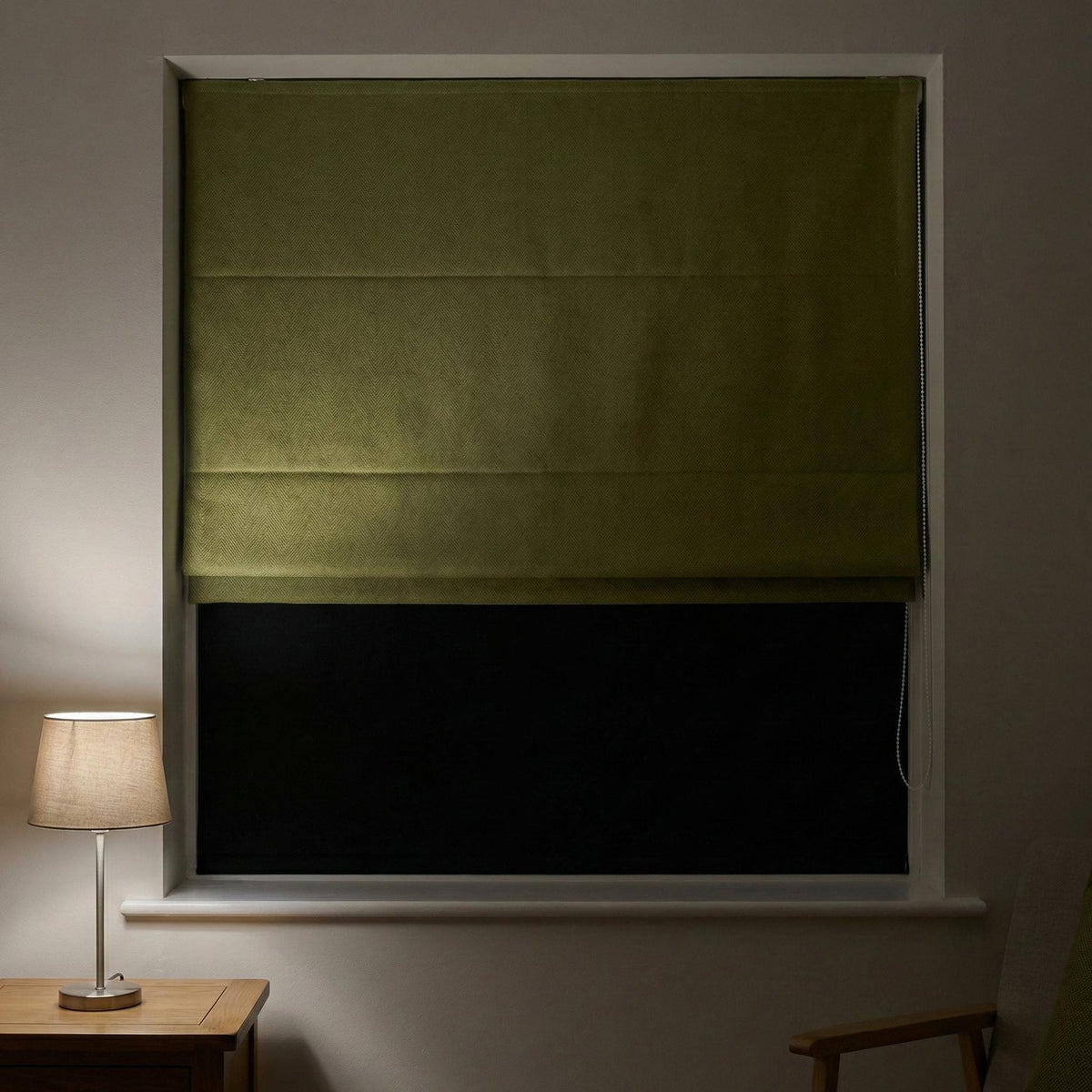 Olive Green Herringbone Linen Roman Shade, Custom Corded Blind, OEKO-TEX — image 8