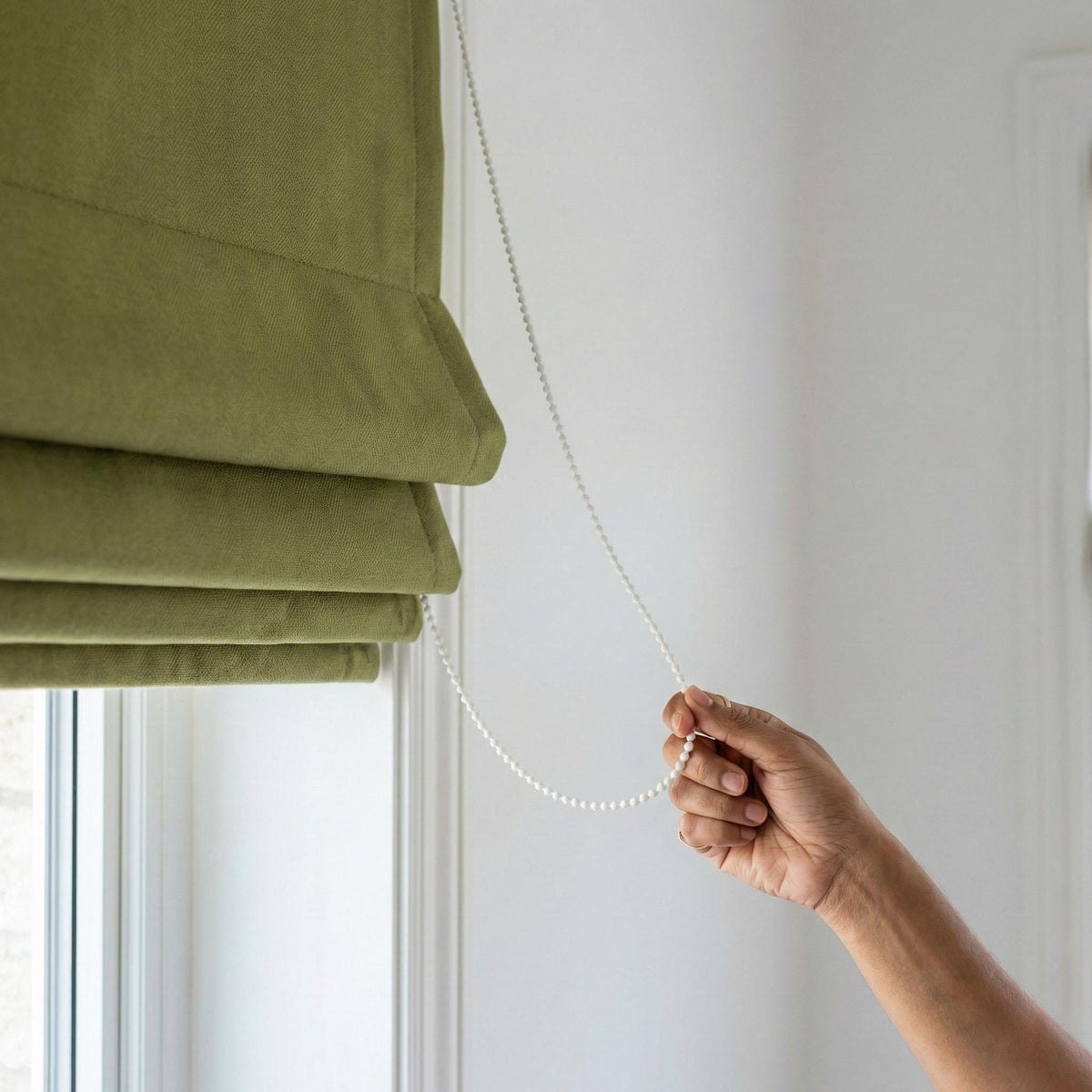 Olive Green Herringbone Linen Roman Shade, Custom Corded Blind, OEKO-TEX — image 10