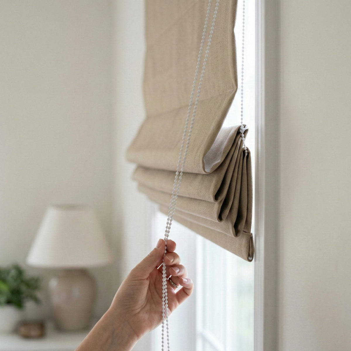 Taupe Herringbone Linen Roman Shade, Custom Corded Window Blind — image 10