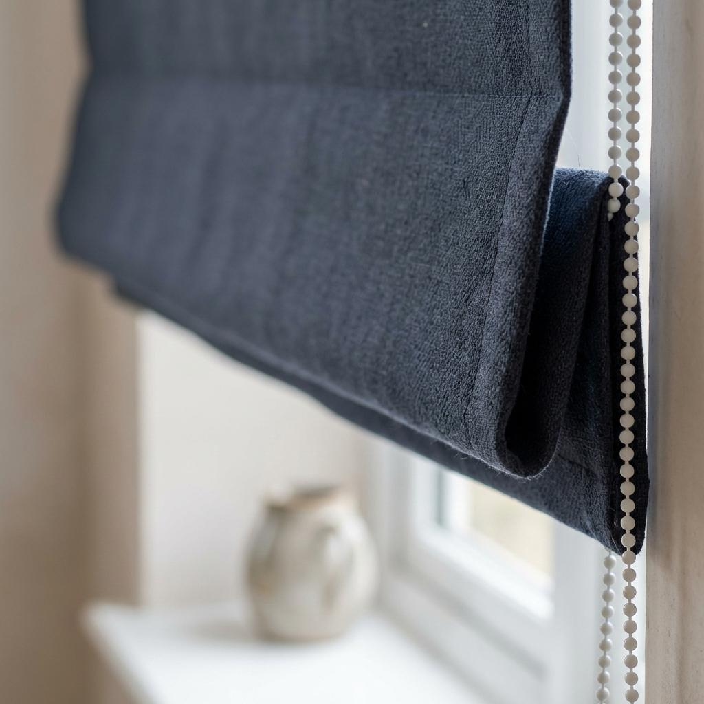 Navy Blue Linen Herringbone Roman Shade, Custom Corded Blind, OEKO-TEX Liner — image 1