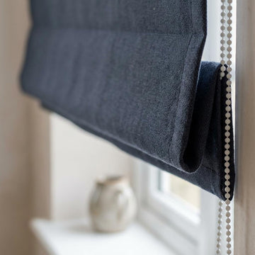 Navy Blue Linen Herringbone Roman Shade, Custom Corded Blind, OEKO-TEX Liner — image 1