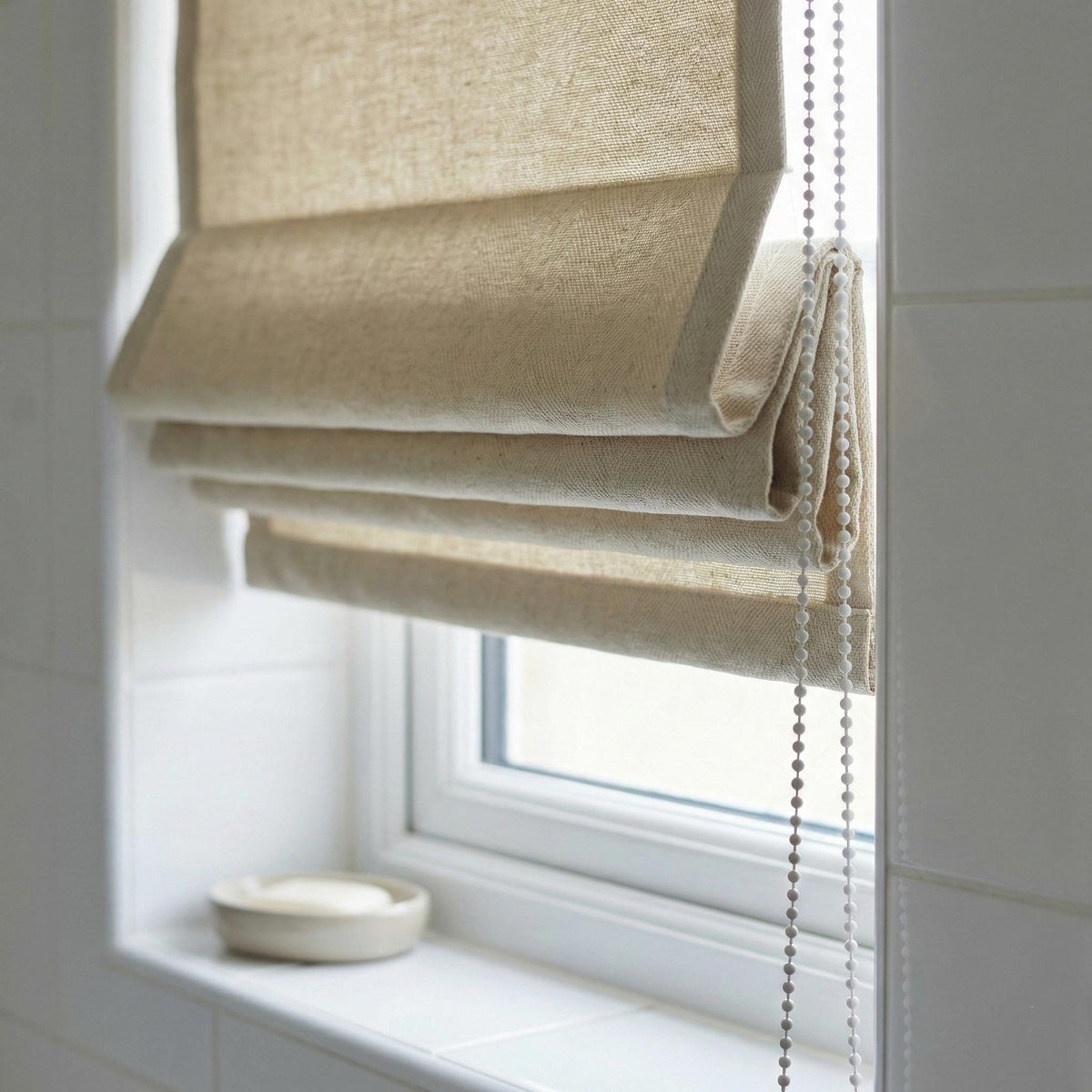 Oatmeal Linen Roman Shade, Herringbone Weave, Custom Corded Blind — image 2