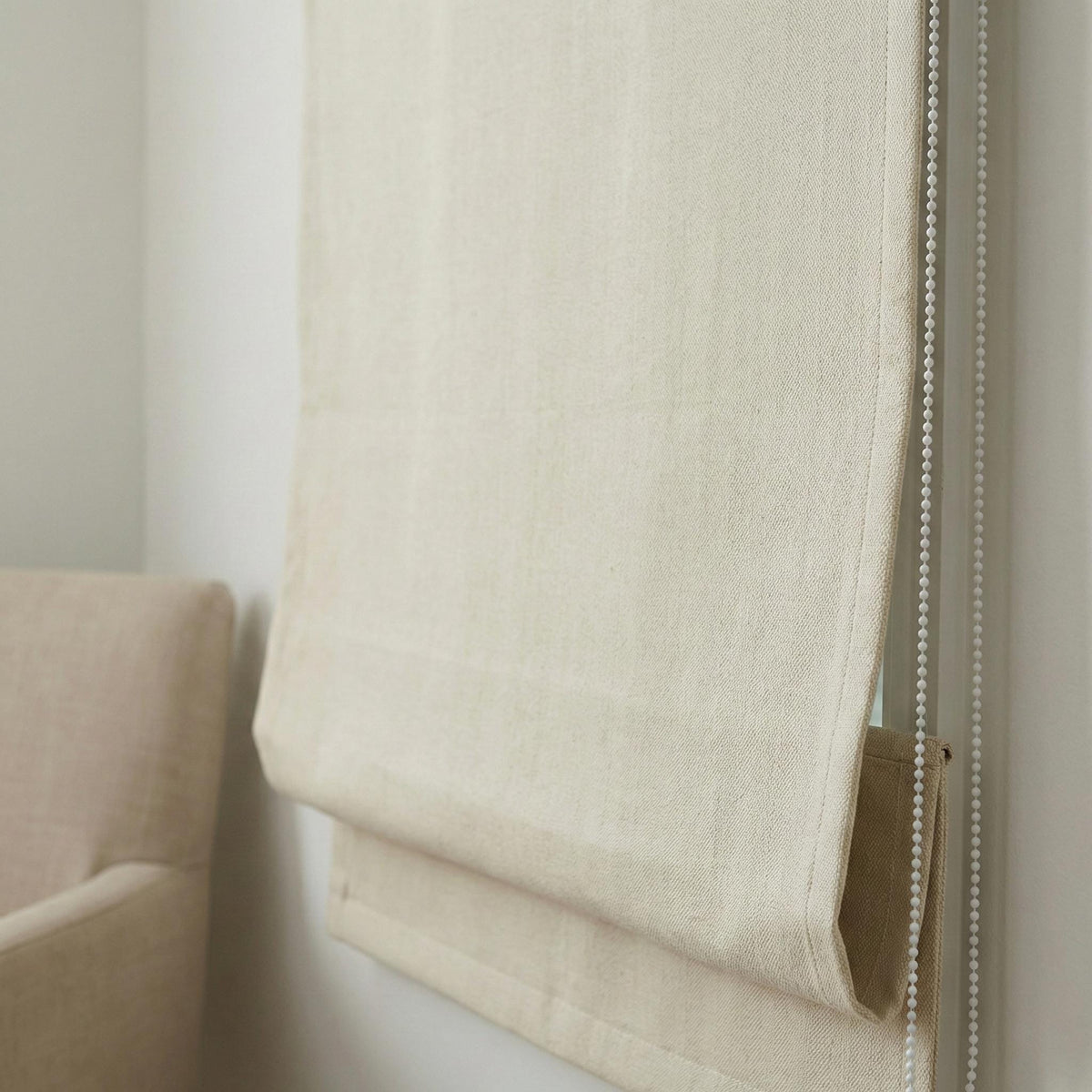 Oatmeal Linen Roman Shade, Herringbone Weave, Custom Corded Blind — image 4