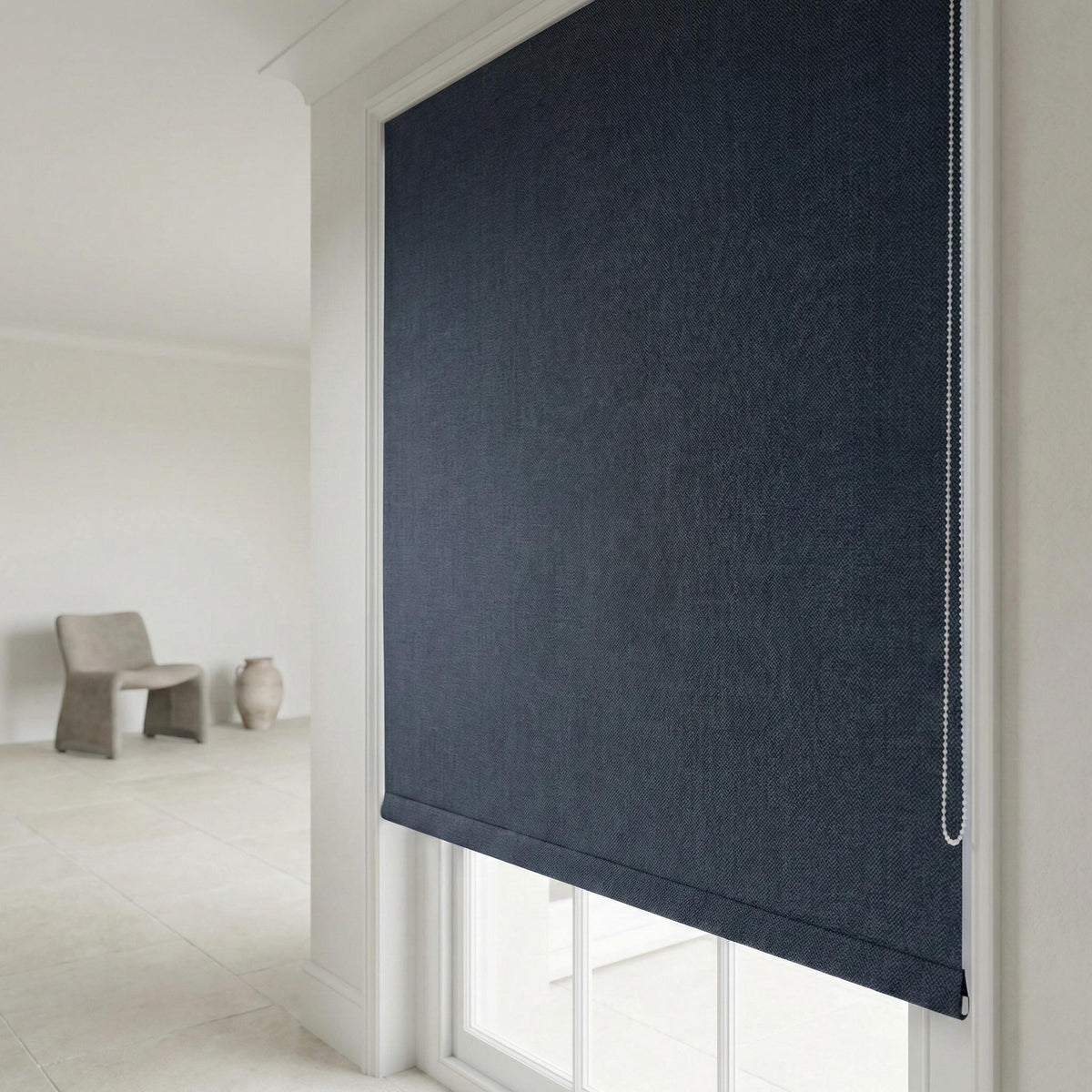 Navy Blue Linen Herringbone Roman Shade, Custom Corded Blind, OEKO-TEX Liner — image 6