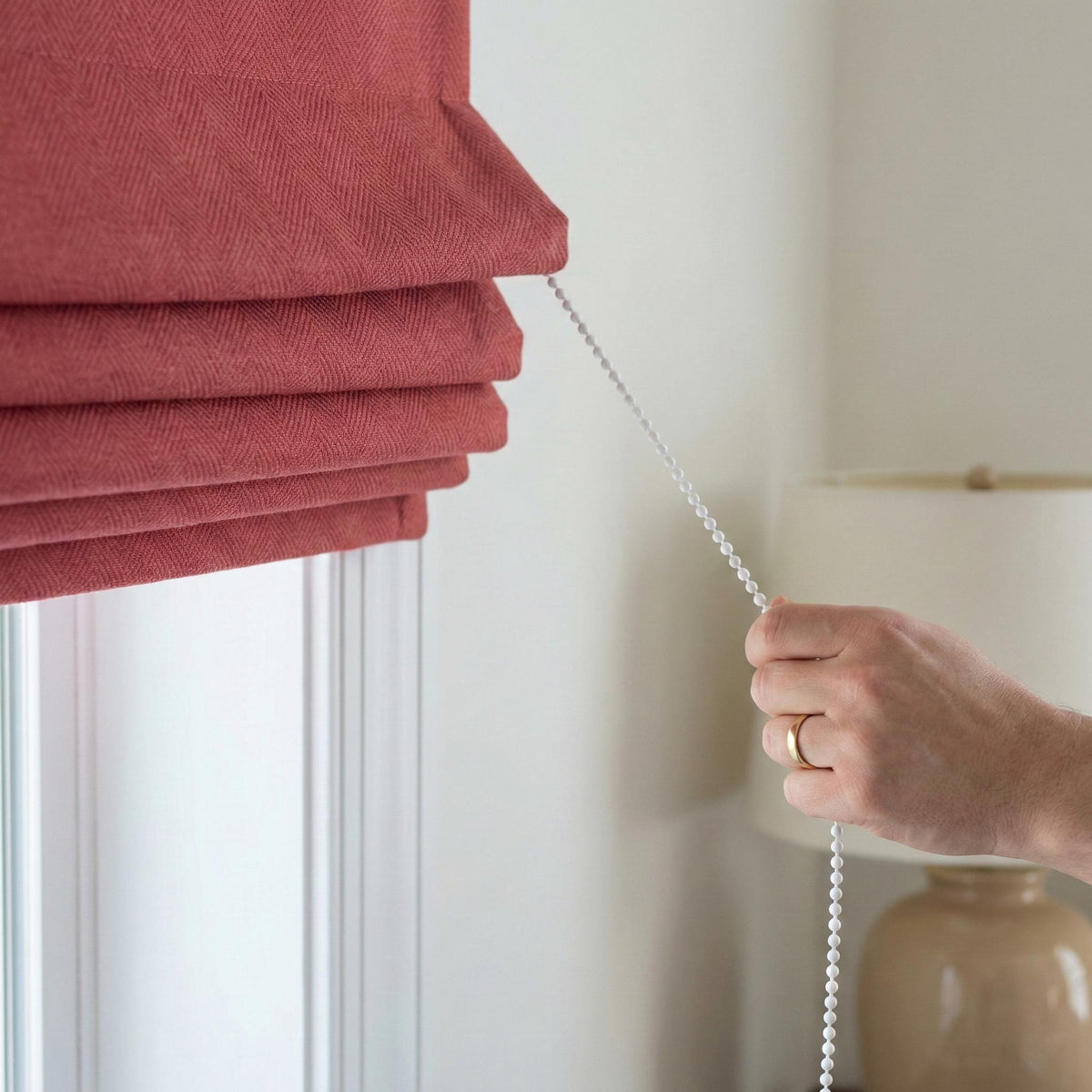 Terracotta Rose Linen Roman Shade, Herringbone Weave, Custom Corded Blind — image 8