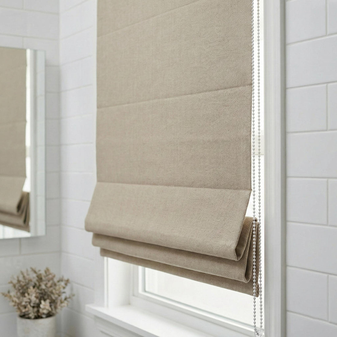 Custom Natural Flax Linen Roman Shade, Herringbone Corded Blind — image 1