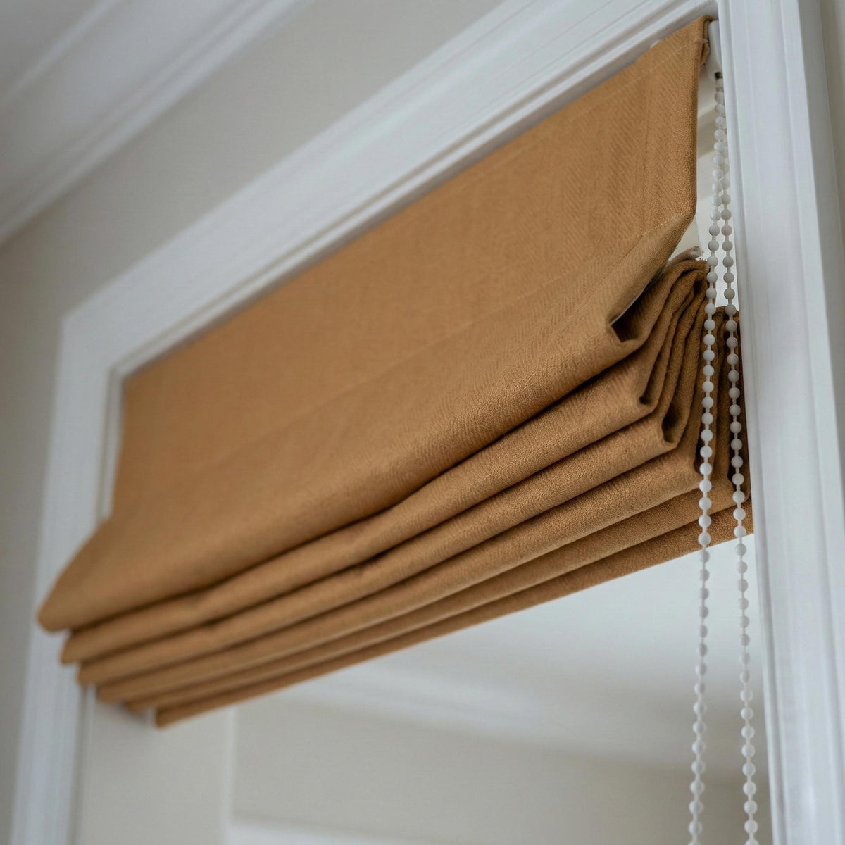 Custom Linen Roman Shade, Camel Tan Herringbone, Blackout or Light Filtering — image 2