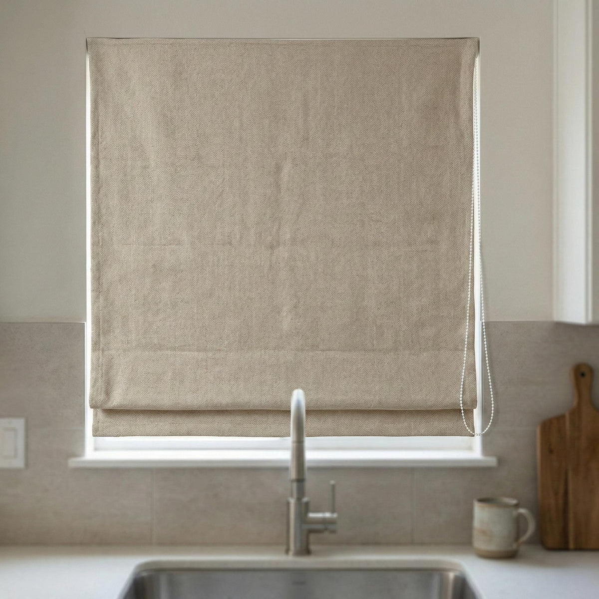 Custom Natural Flax Linen Roman Shade, Herringbone Corded Blind — image 3