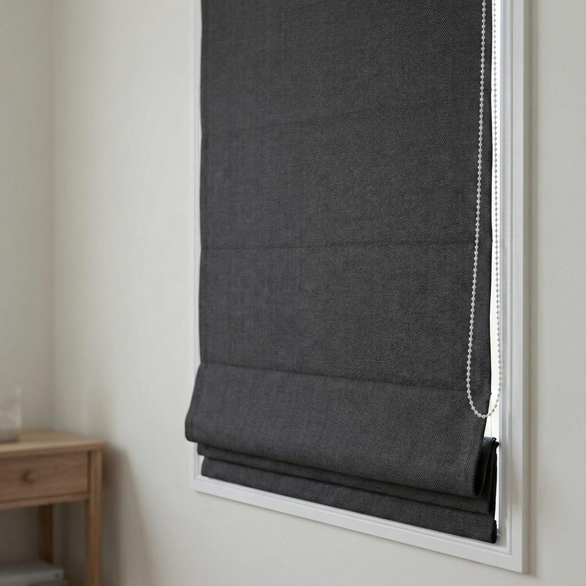 Charcoal Gray Linen Herringbone Roman Shade, Custom Corded Blind, OEKO-TEX — image 1