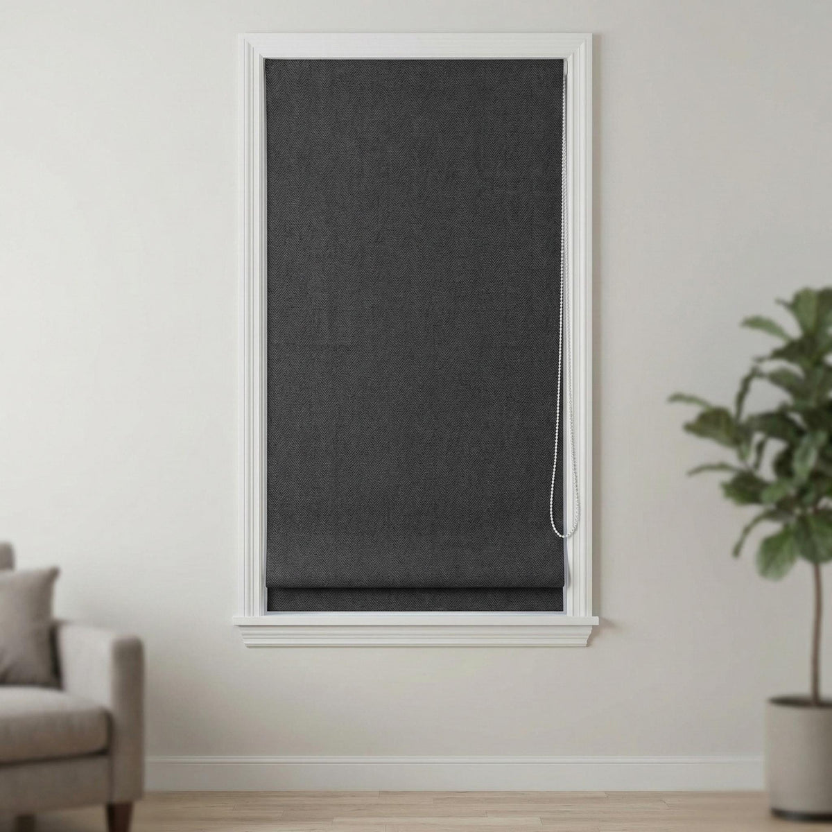 Charcoal Gray Linen Herringbone Roman Shade, Custom Corded Blind, OEKO-TEX — image 3
