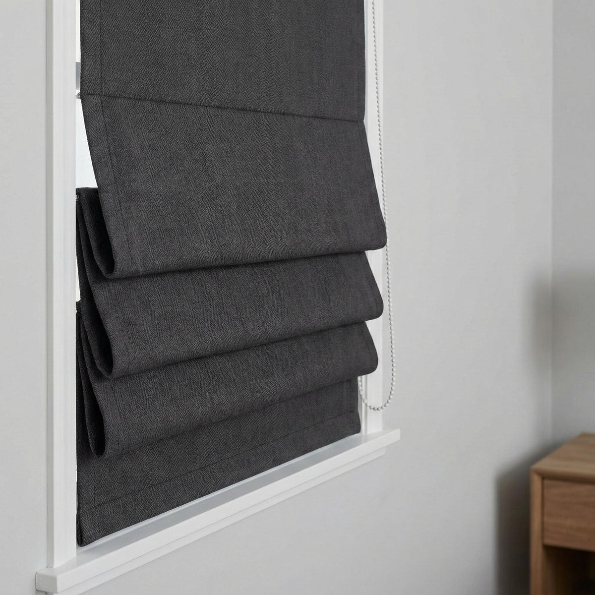 Charcoal Gray Linen Herringbone Roman Shade, Custom Corded Blind, OEKO-TEX — image 10