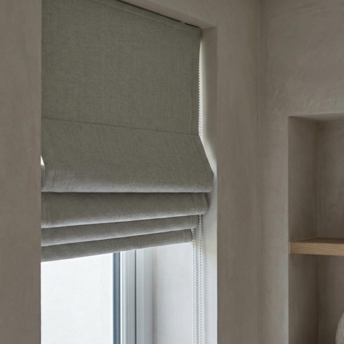Custom Light Gray Linen Herringbone Roman Shade, OEKO-TEX Liner — image 2