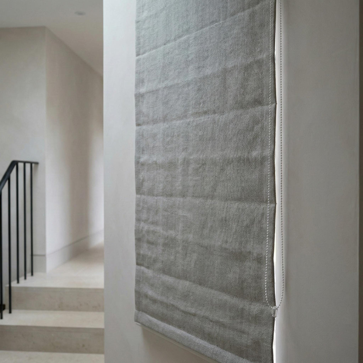 Custom Light Gray Linen Herringbone Roman Shade, OEKO-TEX Liner — image 7