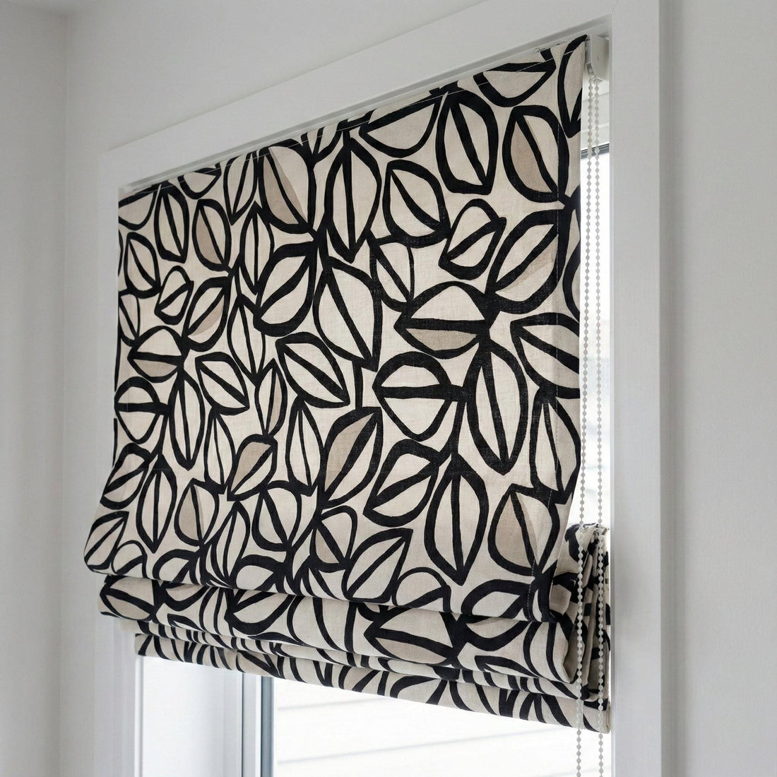 Black Leaf Linen Roman Shade, Custom Corded Blind, Light Filtering or Blackout — image 1