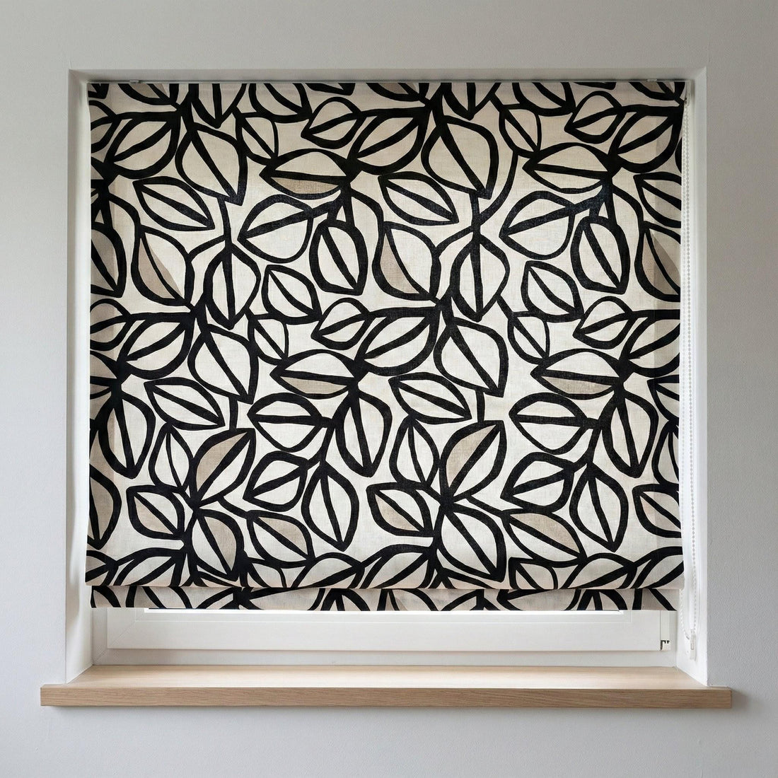 Black Leaf Linen Roman Shade, Custom Corded Blind, Light Filtering or Blackout — image 1