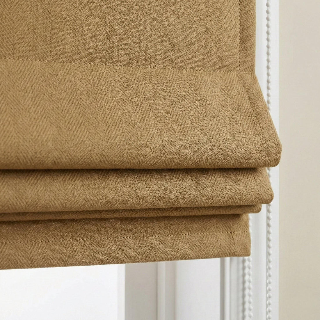 Custom Camel Tan Linen Herringbone Roman Shade, OEKO-TEX Liner — image 1