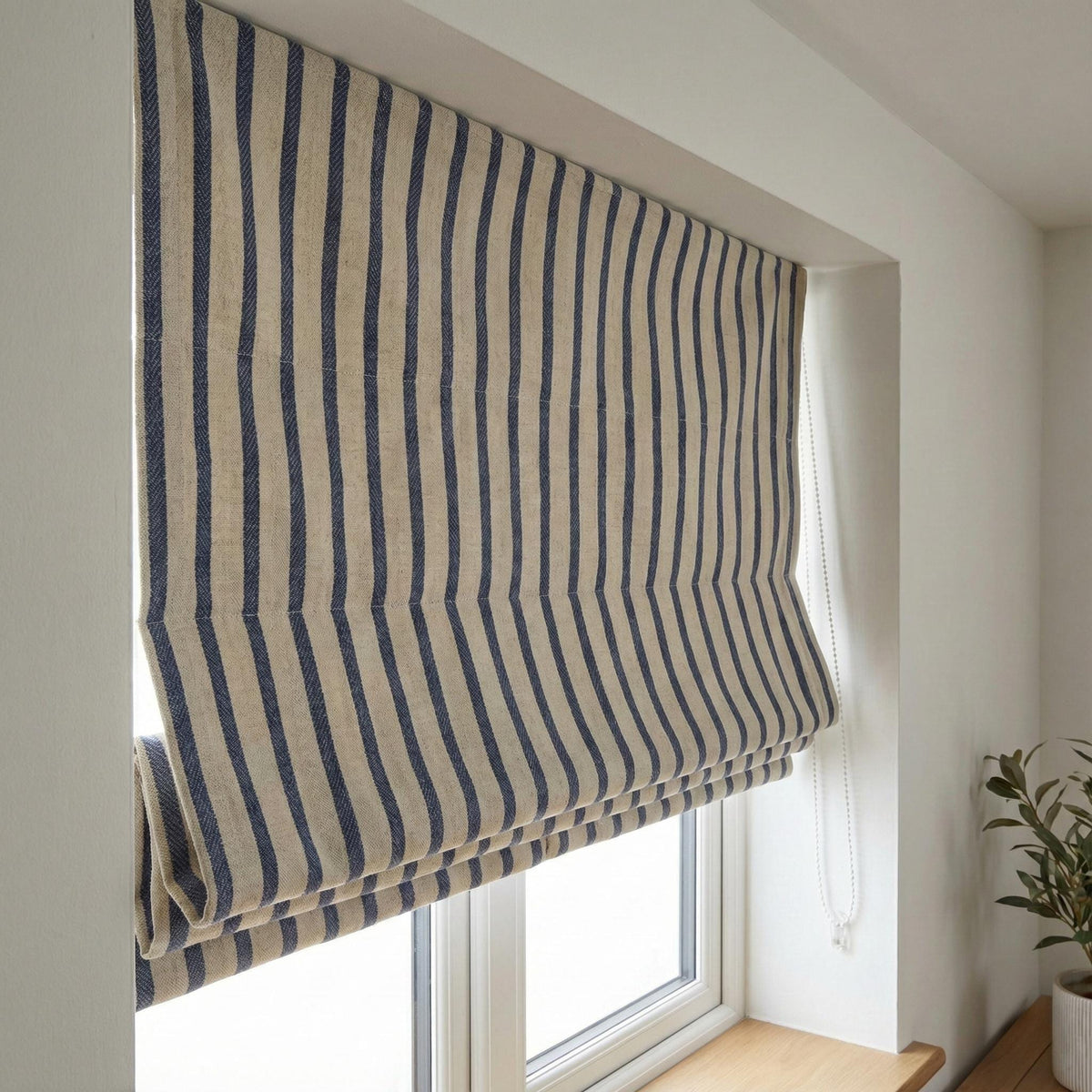 Navy Stripe Linen Roman Shade, Custom Corded Window Blind, Inside/Outside Mount, OEKO-TEX, Blackout or Cotton Lined — image 4