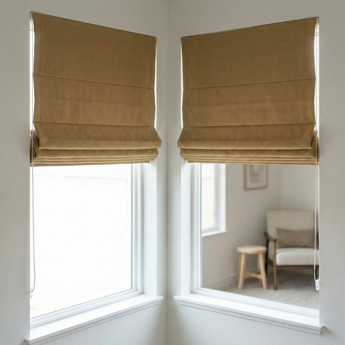Custom Camel Tan Linen Herringbone Roman Shade, OEKO-TEX Liner — image 6