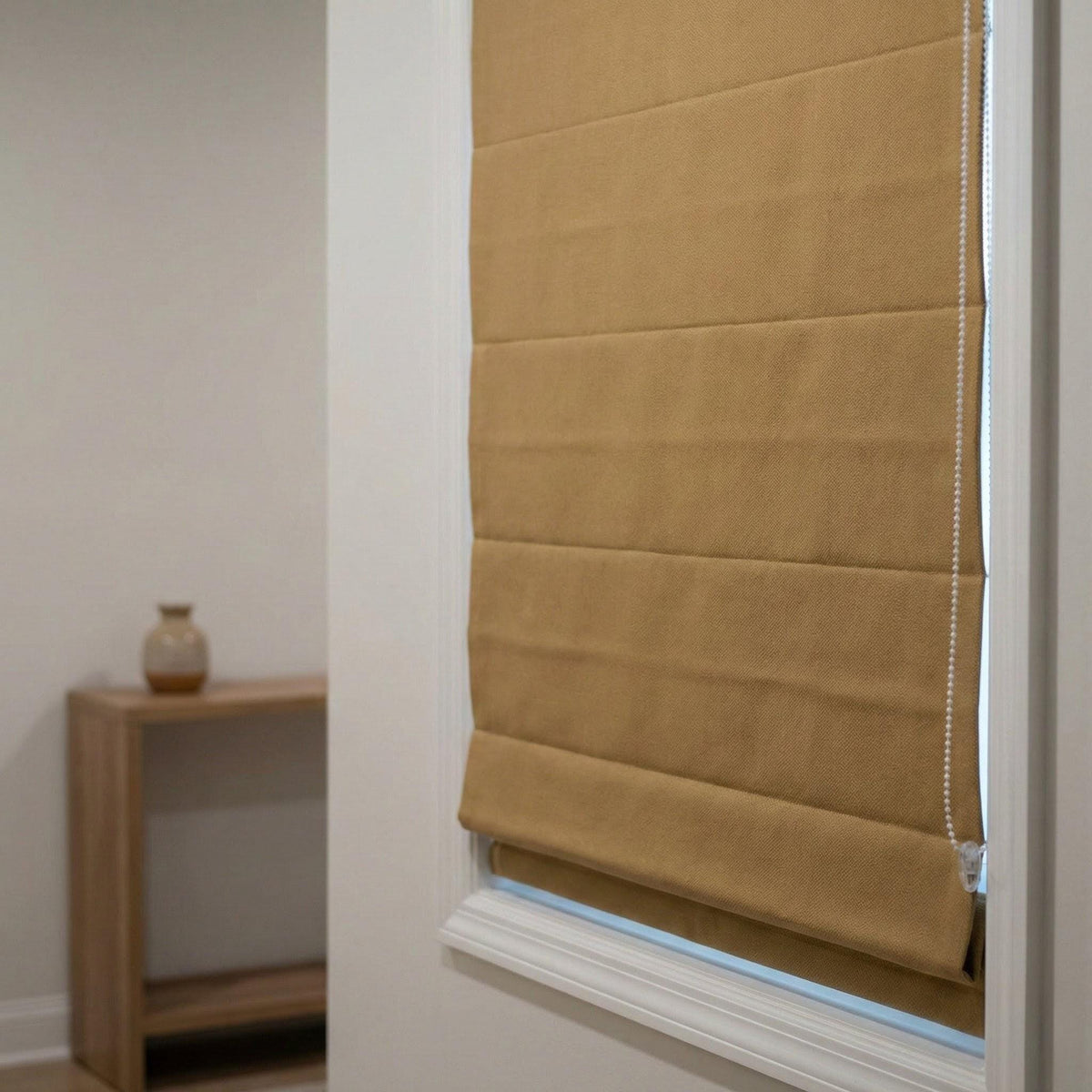 Custom Camel Tan Linen Herringbone Roman Shade, OEKO-TEX Liner — image 7