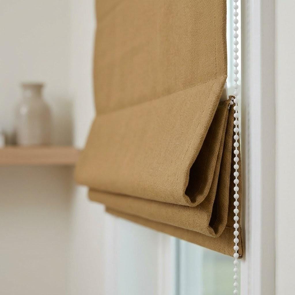 Custom Camel Tan Linen Herringbone Roman Shade, OEKO-TEX Liner — image 8