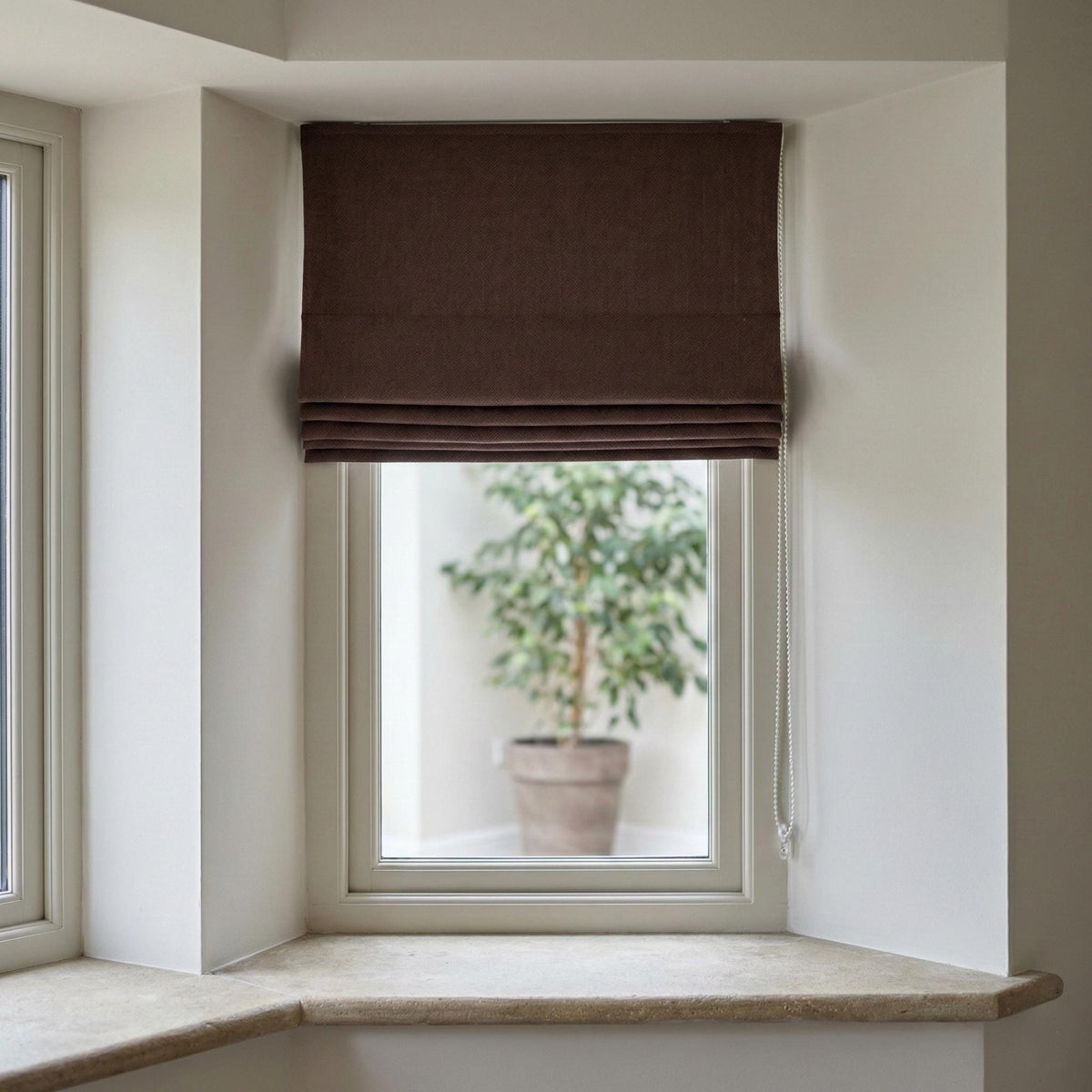 Chocolate Brown Linen Herringbone Roman Shade, Custom Corded Blind, OEKO-TEX Liner — image 2