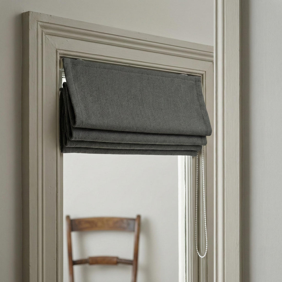 Custom Grey Herringbone Linen Roman Shade | Corded Window Blind — image 1