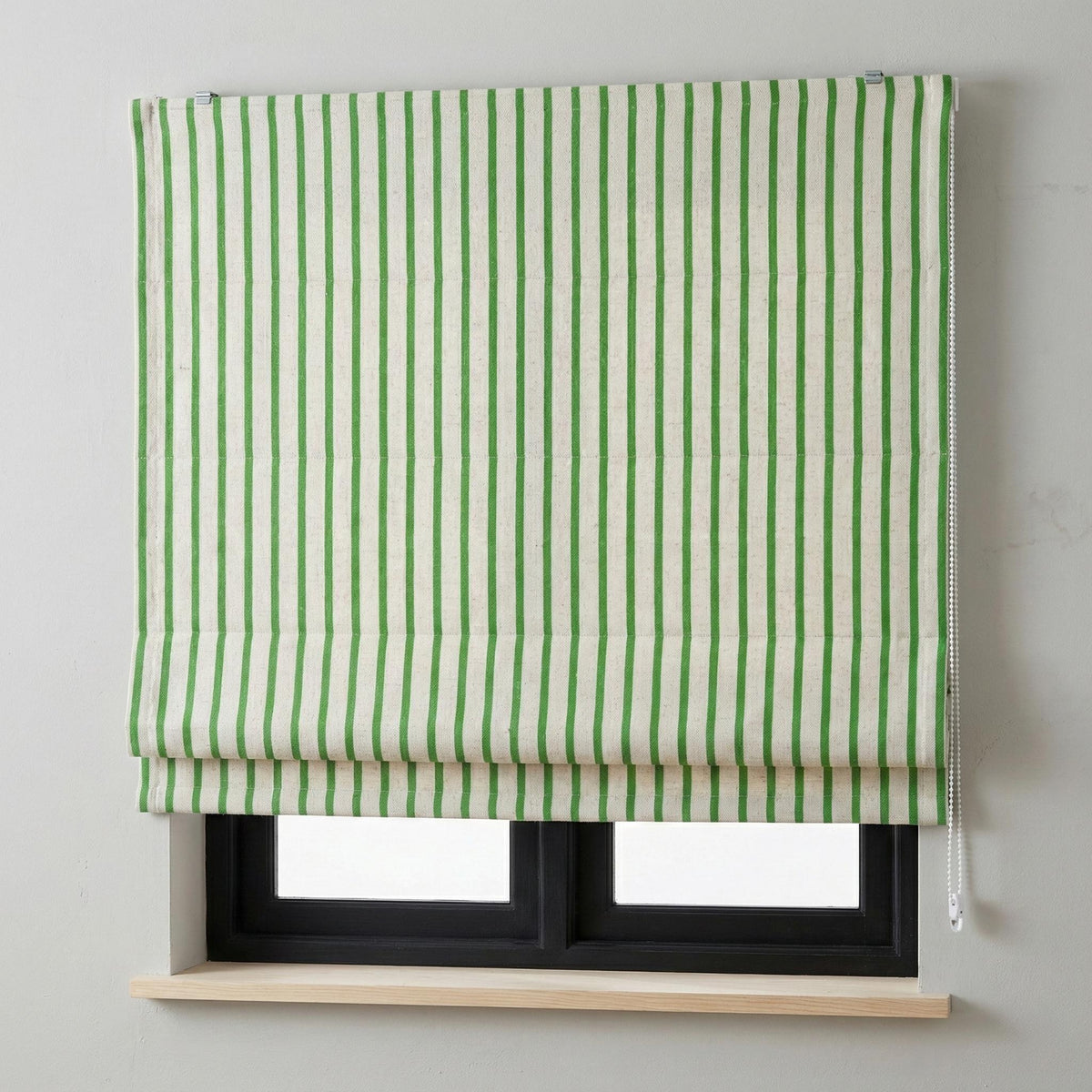 Green Stripe Linen Roman Shade, Custom Corded Blind, OEKO-TEX — image 2