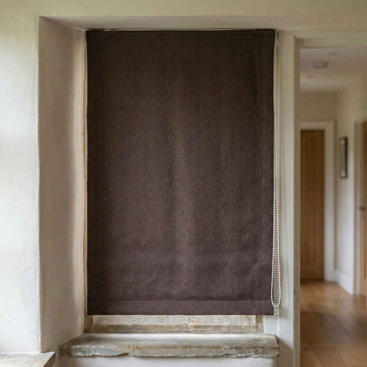 Chocolate Brown Linen Herringbone Roman Shade, Custom Corded Blind, OEKO-TEX Liner — image 3