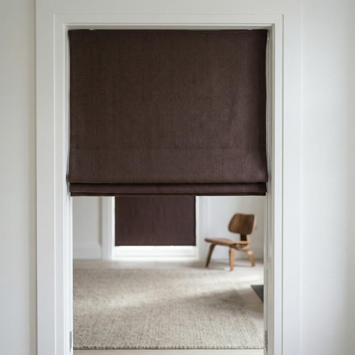 Chocolate Brown Linen Herringbone Roman Shade, Custom Corded Blind, OEKO-TEX Liner — image 4
