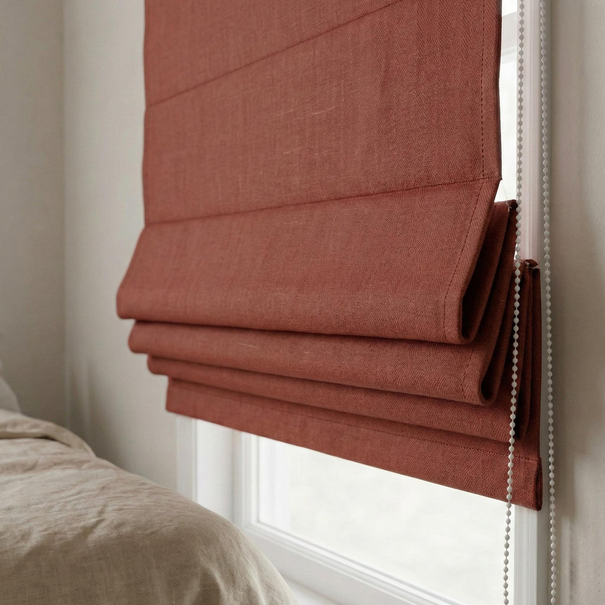 Custom Terracotta Linen Roman Shade, Herringbone Weave, Blackout Option — image 5