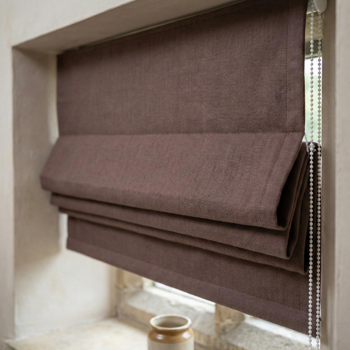 Chocolate Brown Linen Herringbone Roman Shade, Custom Corded Blind, OEKO-TEX Liner — image 6