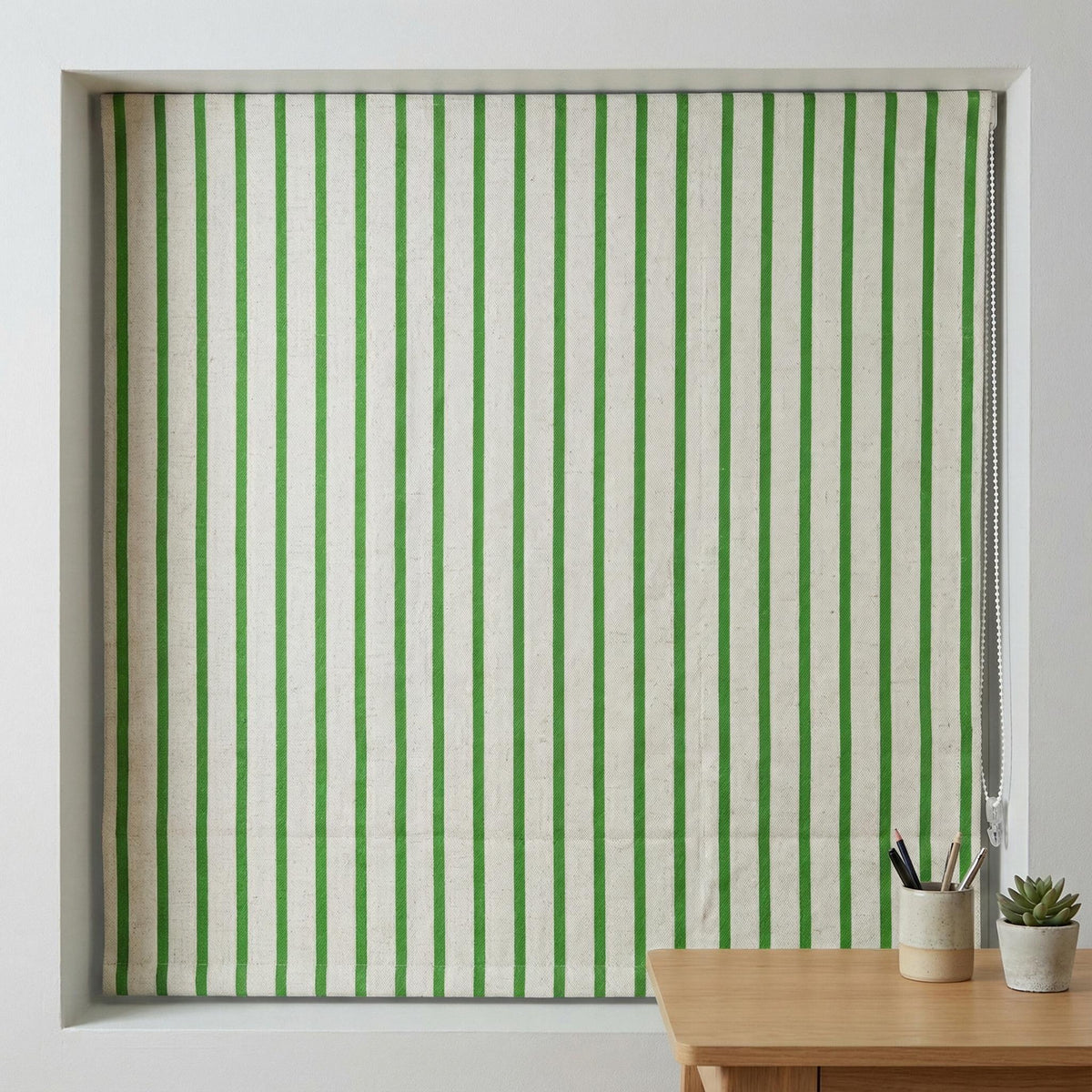 Green Stripe Linen Roman Shade, Custom Corded Blind, OEKO-TEX — image 7