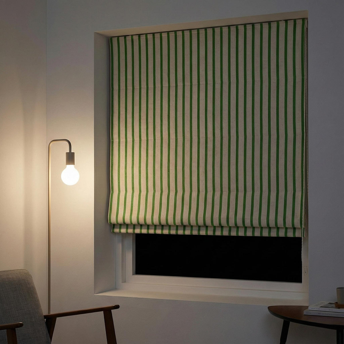 Green Stripe Linen Roman Shade, Custom Corded Blind, OEKO-TEX — image 8