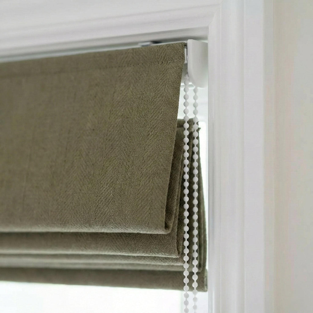 Custom Sage Olive Linen Roman Shade, Herringbone Corded Blind, OEKO-TEX — image 1