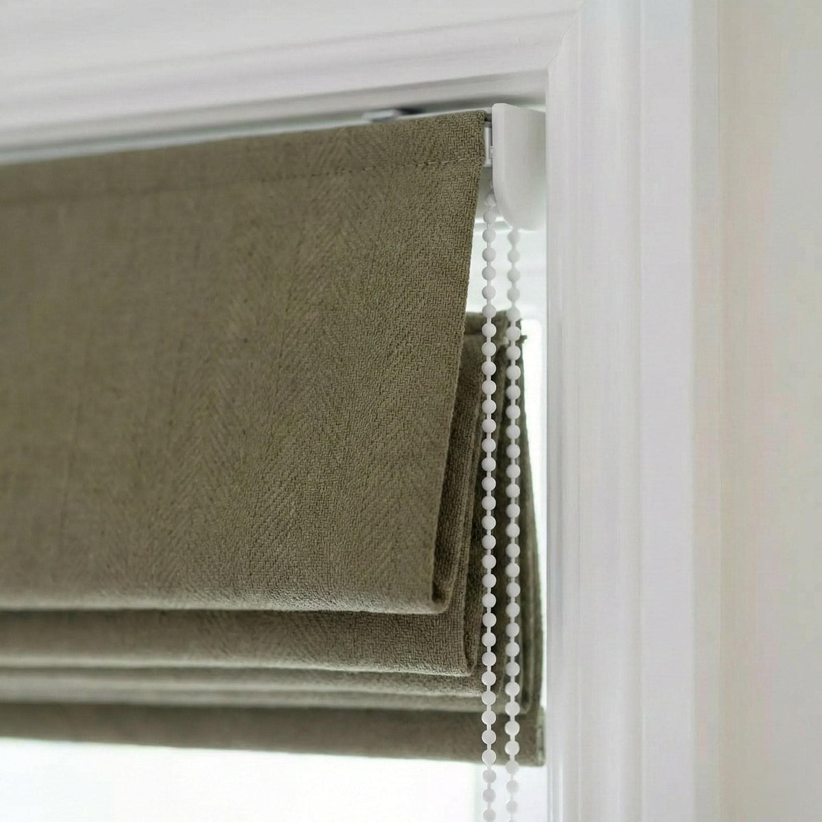 Custom Sage Olive Linen Roman Shade, Herringbone Corded Blind, OEKO-TEX — image 1