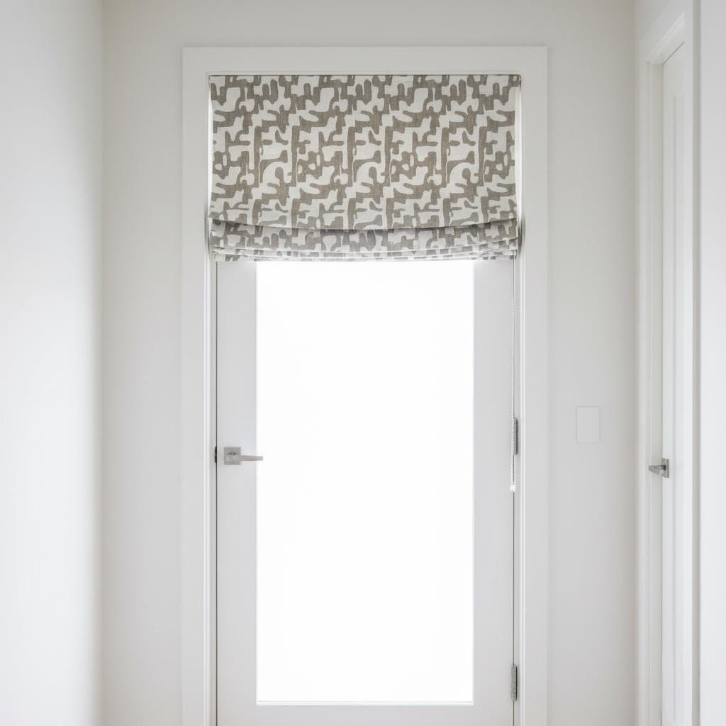Modern Gray Linen Roman Shades, Abstract Pattern (Custom Size, Beaded Cord) — image 3