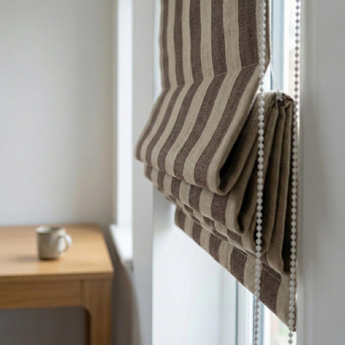 Striped Linen Roman Shade, Brown Beige Cabana Stripe, Custom Corded Blind — image 3