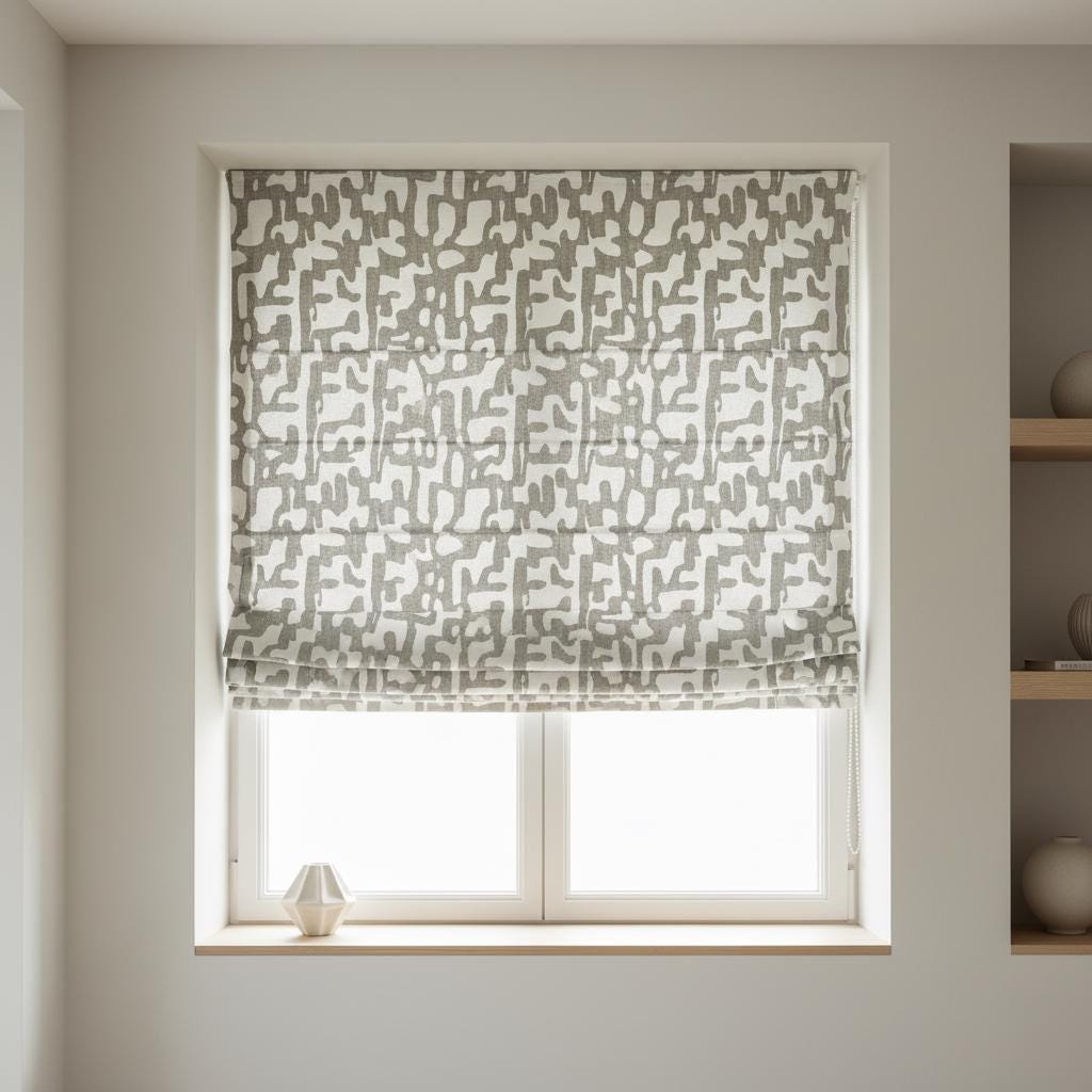 Modern Gray Linen Roman Shades, Abstract Pattern (Custom Size, Beaded Cord) — image 5
