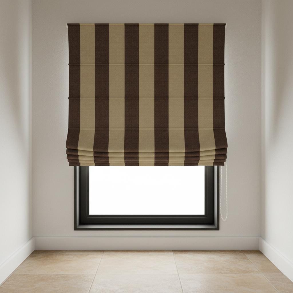 Striped Linen Roman Shade, Brown Beige Cabana Stripe, Custom Corded Blind — image 5