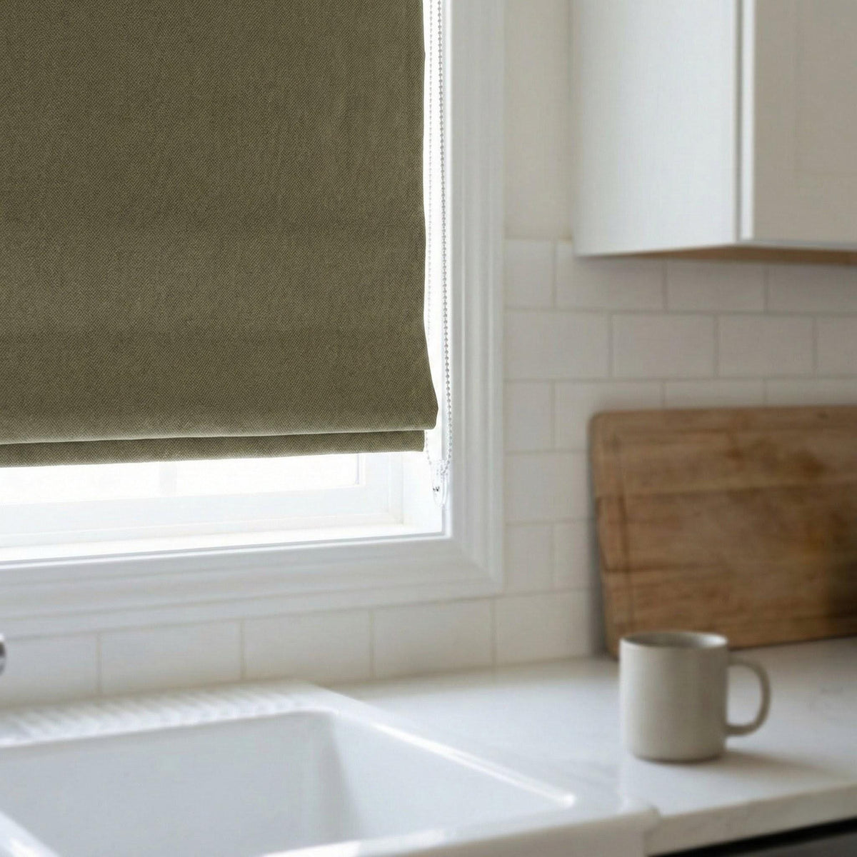 Custom Sage Olive Linen Roman Shade, Herringbone Corded Blind, OEKO-TEX — image 5