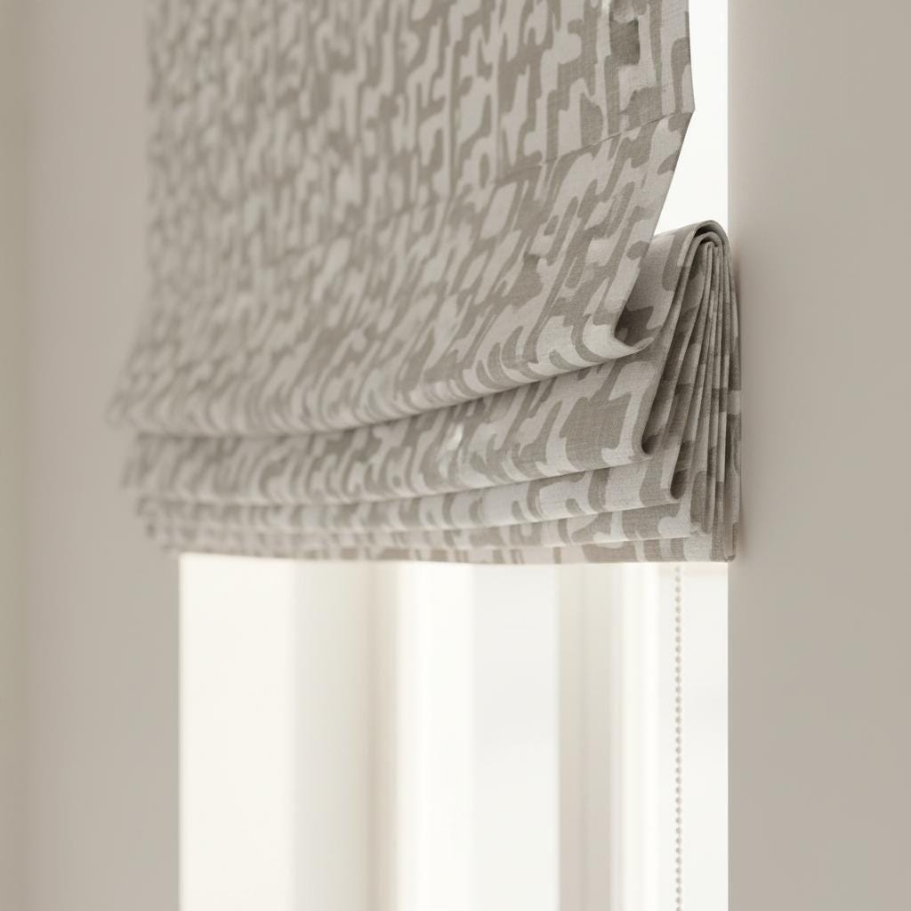 Modern Gray Linen Roman Shades, Abstract Pattern (Custom Size, Beaded Cord) — image 8