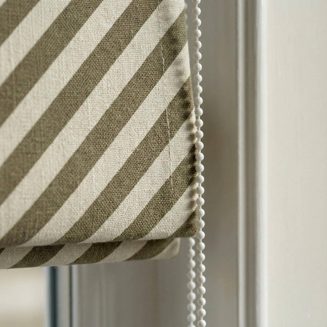 Custom Linen Roman Shade, Olive Taupe Diagonal Stripe, Corded Blind — image 1
